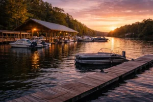 Boats docked along Pickwick Lake at sunset with calm water and wooded shoreline
