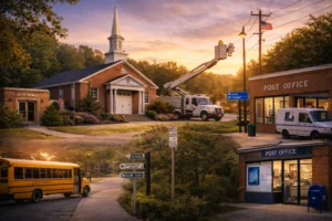 Small-town church, post office, and utility truck at sunset near Pickwick Lake