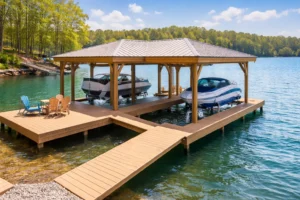 Custom dock with covered boat lifts on Pickwick Lake Tennessee