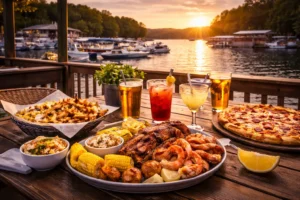 Lakeside dining and drinks near Pickwick Lake at sunset