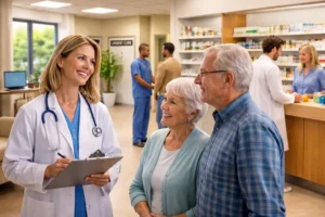 Doctor consulting with patients inside a modern medical clinic near Pickwick Lake