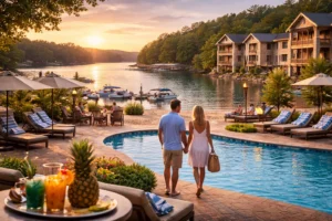 Lakeside resort with pool and waterfront cabins near Pickwick Lake at sunset