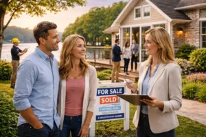 Real estate agent showing a lakefront home to buyers in the Pickwick Lake area