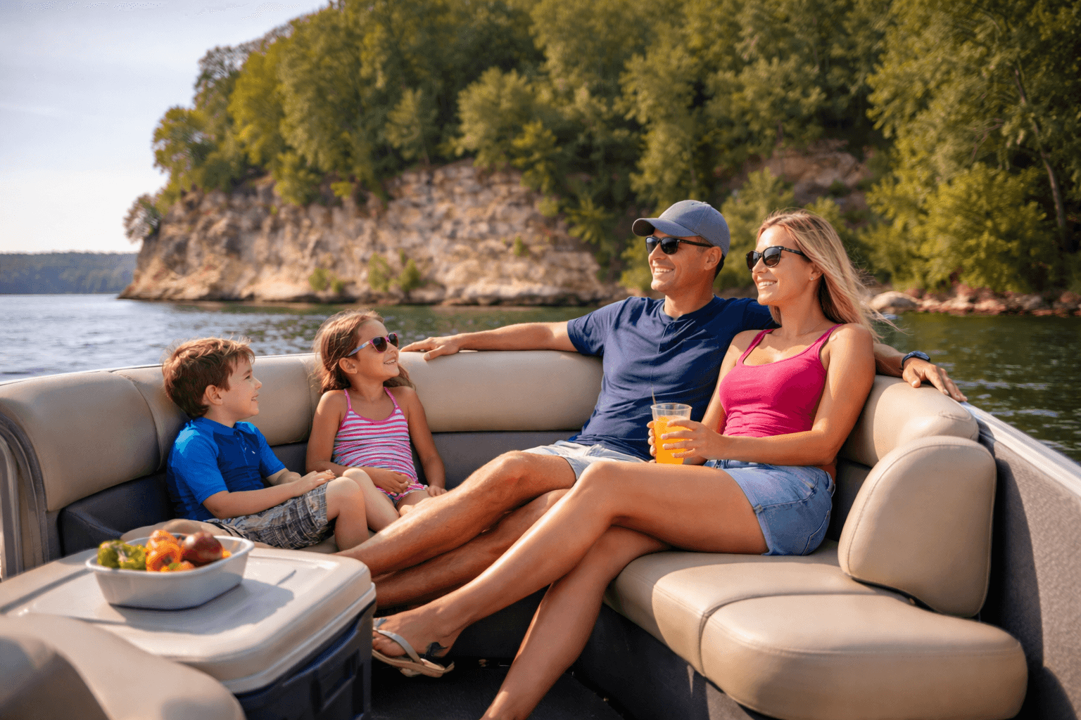 Family relaxing on a pontoon boat at Pickwick Lake